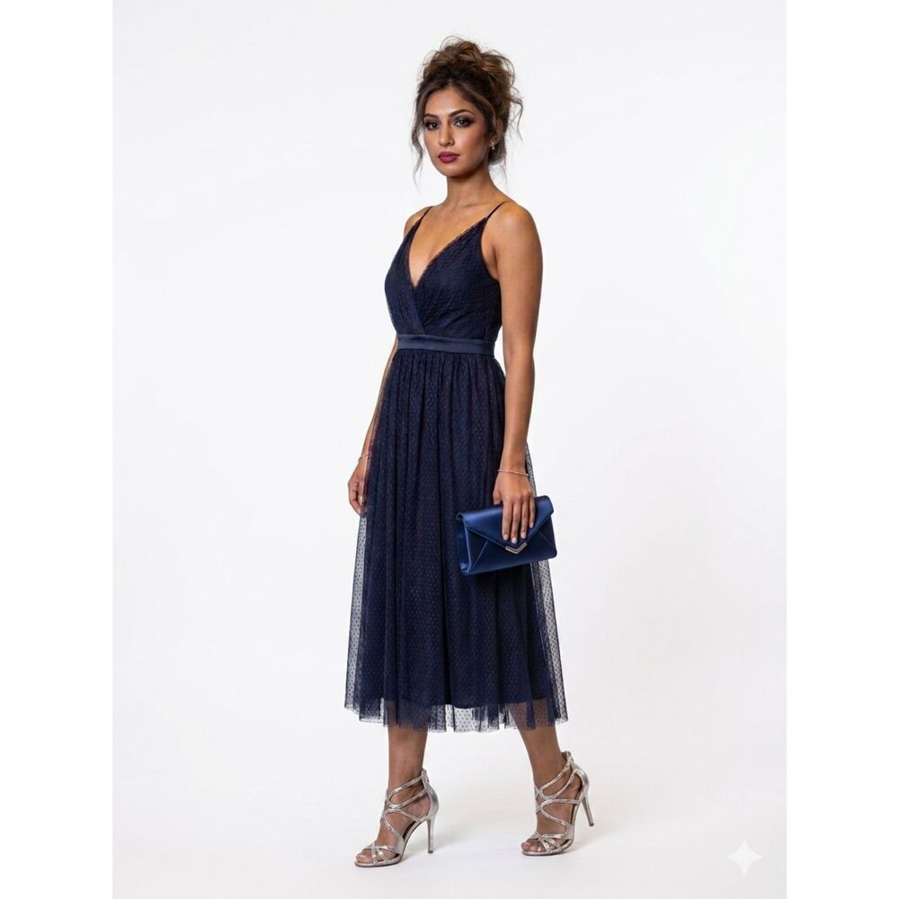 Express Navy Tulle Polka Dot Midi Dress Size 2